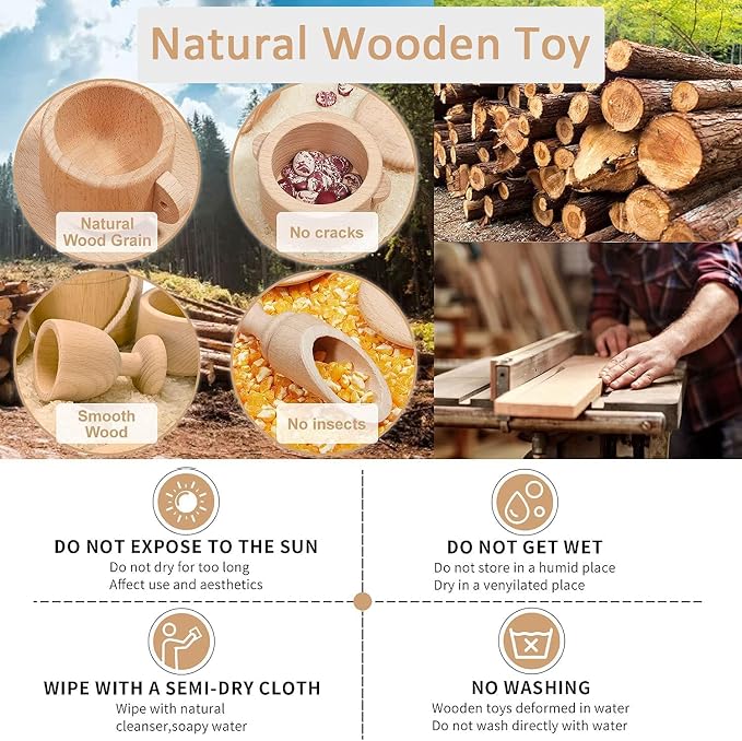 Montessori Sensory Bin Toys for Toddlers, 11pcs Wooden Toys | Waldorf Toys - Wooden Scoops and Tongs for Transfer Work and Fine Motor Skills Development