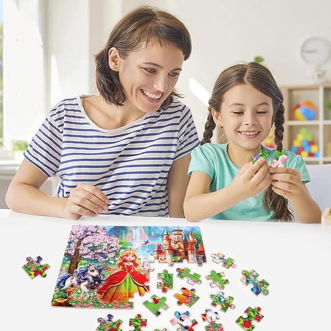 LELEMON 60 Pieces Jigsaw Puzzles for Kids Ages 4-8 Princess and Unicorns Puzzles Boys Girls Children Learning Educational Puzzles Portable Box Pack Toy