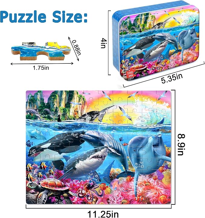 LELEMON Puzzles for Kids Ages 4-6,Underwater World 100 Piece Puzzles for Kids Ages 4-8 in a Metal Box, Educational Jigsaw Puzzles 100 Piece Puzzle Games Puzzle Toys for Girls and Boys