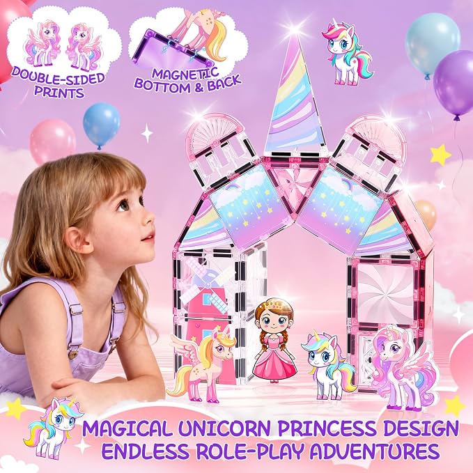 Diamond Magnetic Tiles Unicorns Princess Castle with Magnetic Art Decor Kit, Unicorn Toys for Girl 3 4-6-8, Magnet Tiles for kids 4-8 5 6 7+ Girl Gifts,Magnet Toys Include 5 Dolls,Rainbow,Candy,Decors