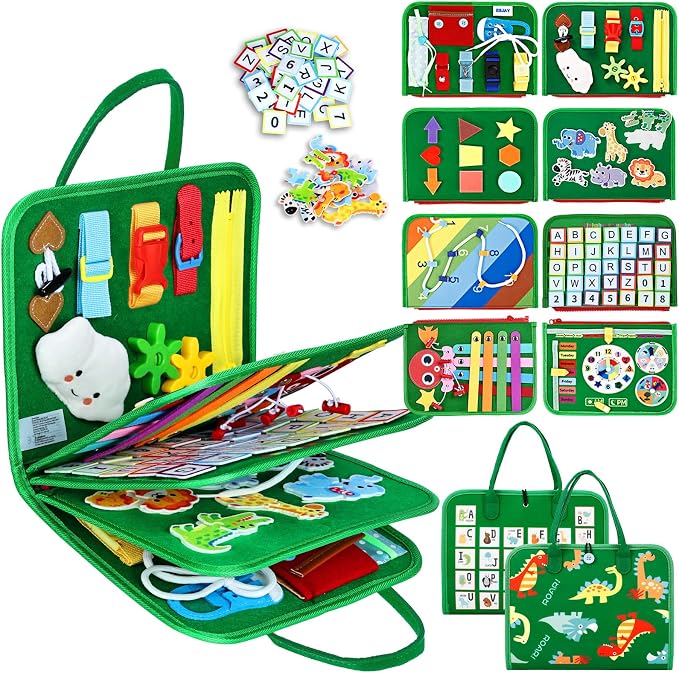 Esjay Busy Board Montessori Toys for Boys and Girls, Sensory Book Educational Activities for Learning Fine Motor Skills, Birthday Gifts, Travel Toys for Airplane Car, Green Multipages