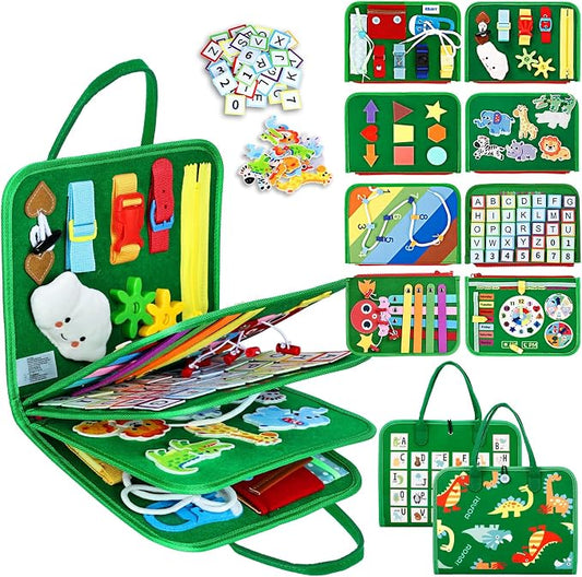 Esjay Busy Board Montessori Toys for Boys and Girls, Sensory Book Educational Activities for Learning Fine Motor Skills, Birthday Gifts, Travel Toys for Airplane Car, Green Multipages