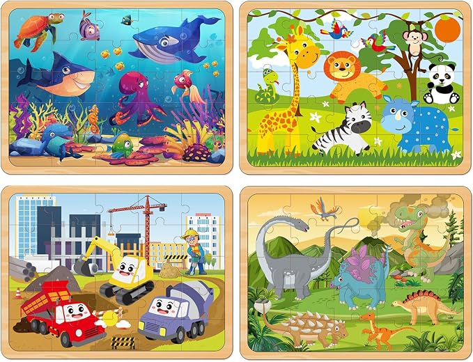 Wooden Jigsaw Puzzles for Kids Ages 4-6, 4-Pack 24-Piece Animal Puzzles Toy | Wood Puzzles Set, Toddler Brain Teaser Toys, Gifts for Boys Girls Ages 3 4 5 6