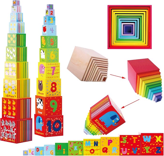 TOWO Wooden Stacking Boxes, Nesting Sorting Cups for Toddlers | Number, alphabet and animal blocks support stacking, nesting, sorting and early learning; Montessori toy for toddlers age 2+
