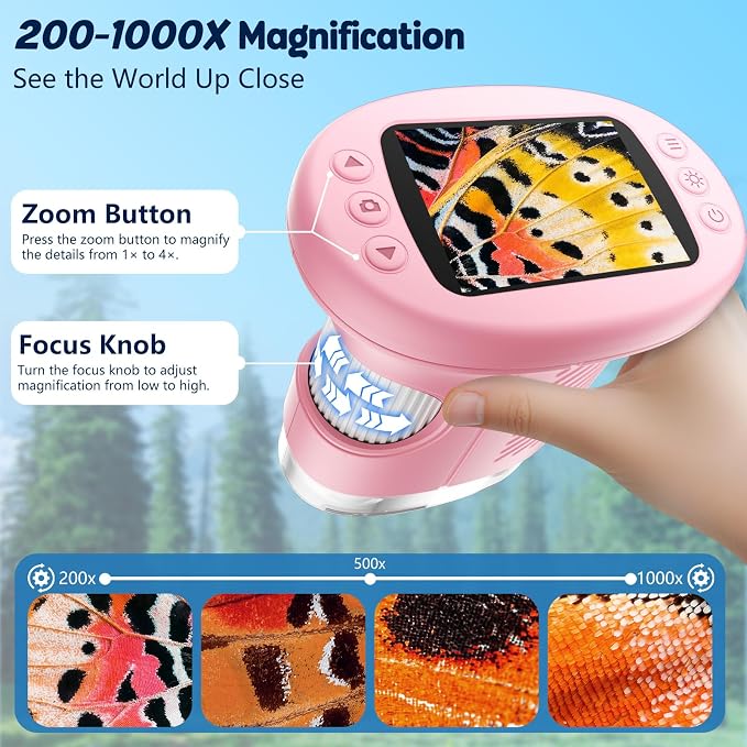 Odatay 4K 1000X Digital Microscope for Kids with Long Distance Viewing & 2.4" Screen, Portable Handheld Edu Toys for Kids Exploring Bugs Plants at Home Classroom & Outdoor Travel, Bright Pink