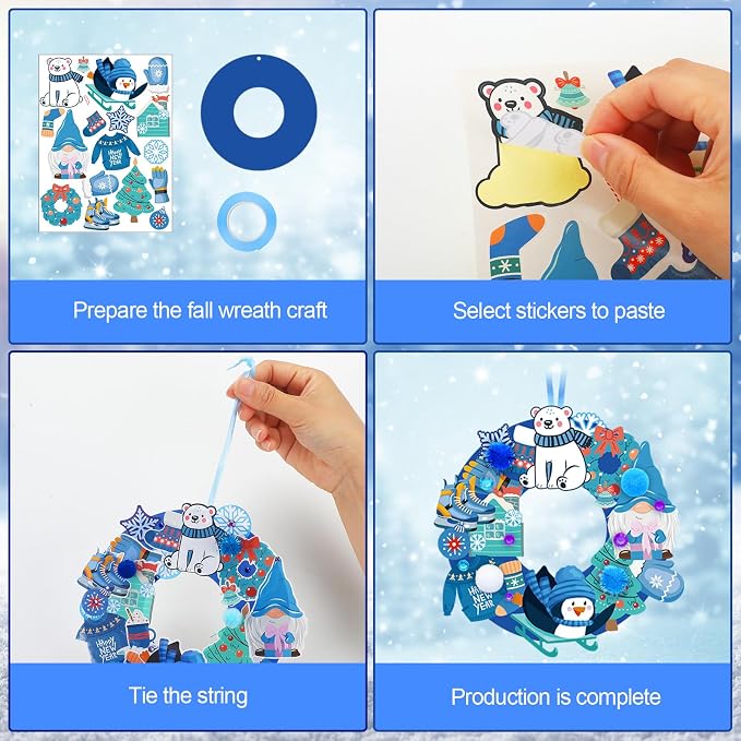 Hollowfly 48 Sets Winter Wreath Craft Kits, DIY Snowflake Snowman Decor | Blue Foam Bases with Snowflake Ornaments, Snowman Stickers for Kids Winter Party Favors, Holiday Classroom Group Activities