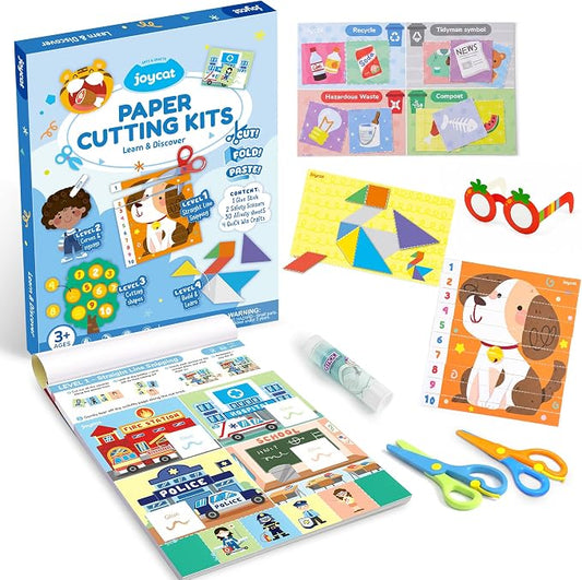 JoyCat Scissor Skills Activity Kit, Toddler Scissors Ages 3-5, Learning | Preschool workbook with 34 learning activities, scissors for kids and glue for cutting practice and toddler crafts.
