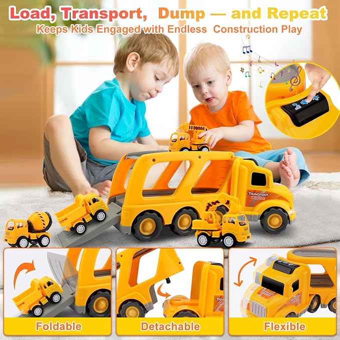 Construction Truck Toys for Toddler 3-4: 5-in-1 Vehicles with Sound Lights | 13 inch Big Carrier 4 Mini Truck - Great for Little Boys Daily Repeat Play - Ideal Christmas Birthday Gifts for Boy Grandkids