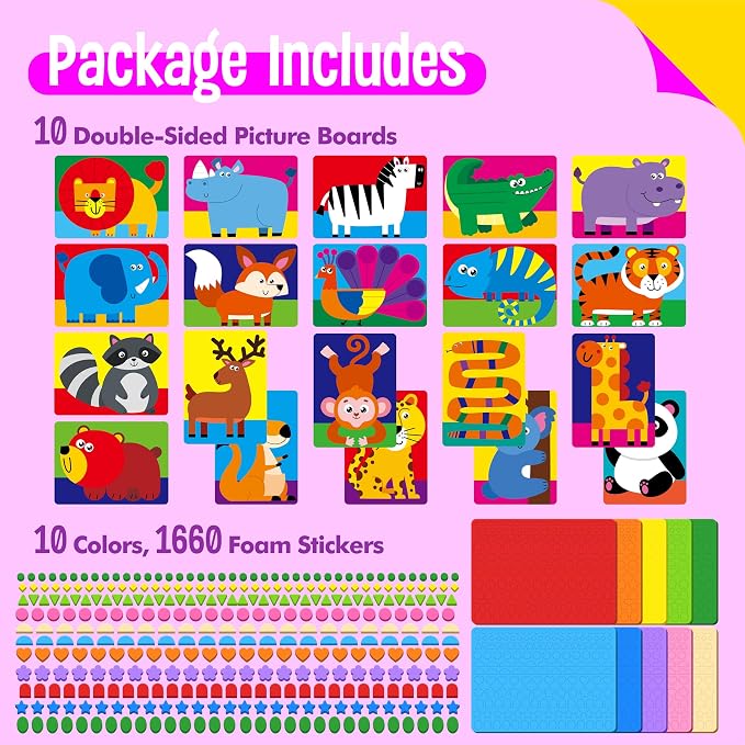 SpriteGru Foam Sticker Art Activity, 20 Wild Animal Art Boards with 1660 Foam Stickers in 10 Colors, Funny DIY Activity Creative Craft Kits Travel Game for Kids, Boys & Girls