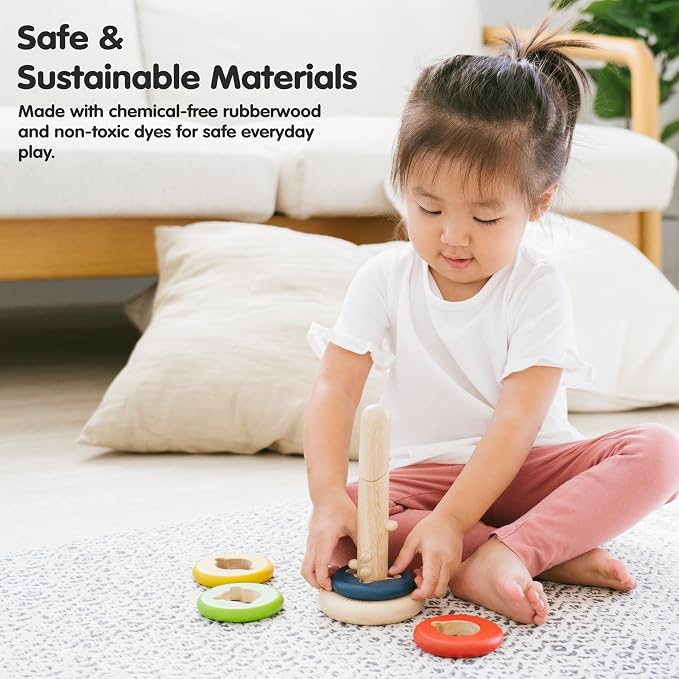 PlanToys® Twist & Sort Wooden Stacking Toy for Toddlers Ages 2+ Montessori | twistable rod colorful rings, wooden twist sort stacker, montessori fine motor toy, ages 2+ educational puzzle, toddlers kids