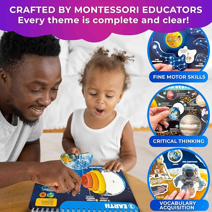 Montessori Busy Book for Kids Ages 4-8 — My Preschool Toddler Busy Book 3-5 | Velcro Pre K Toddler Learning Busy Book for Homeschooling — Kids Educational Solar System — 15 Activities with 178 Elements