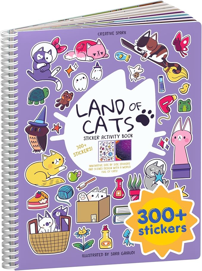 Cupkin Land of Cats Coloring & Sticker Activity Book | 300+ Stickers | Spiral-bound kids craft format with 8 scenes, 8 art pages, side-by-side viewing, and an easy-peel design for ages 2–8