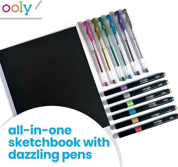 Ooly Metallic Sketchbook Coloring Art Kit, 7" x 9", 13 Piece | Ages 8+, 6 Metallic Markers, 6 Metallic Gel Pens, 40 Sheets of Black and White Paper, 20 Each, Fun Drawing Kit, Gift for Kids