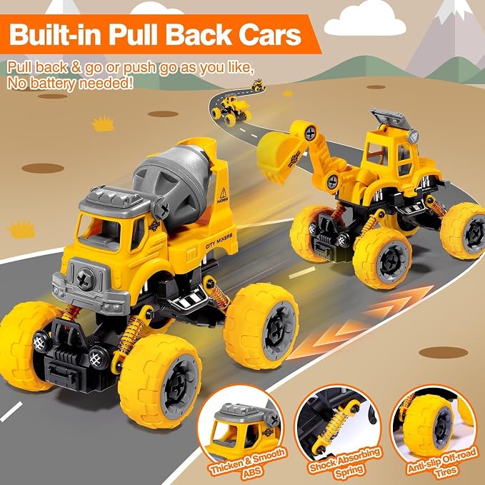 LUDILO Take Apart Construction Toys for 4 Year Old Boys Gifts Toys Age 4-6 | 4PCS Excavator Toy with Electric Drill/Kids Toy Boys 3-5/Building Learning Stem Toys for 3 4 5 6 7 Year Old Boy Birthday Gift