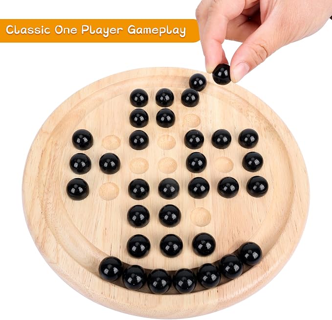 Offelec Wooden Solitaire Board Game with 33 Piece Black Glass Marbles Classic One Player Gameplay Strategy Puzzle Board Games Kids & Adults Fun Family Tabletop Toys, Birthday Gift,Table Games