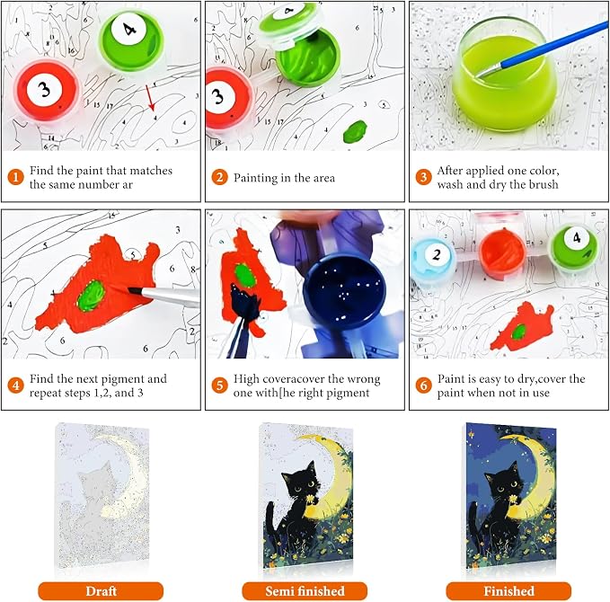 Fountor Black Cat Framed Paint by Numbers Kit for Adults Beginner 8x12 Inch | For Adults & Kids Ages 8-12, DIY Acrylic Painting, Moon Paint by Number with frame, Stress Relief Home Wall Decor Gifts