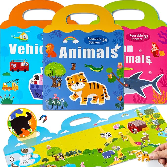 Magnetic Portable Playboard, Vehicles-Farm Animals-Ocean Animal 3 Set Activity Magnet Book for Girl and Boys, Refrigerator Magnet Educational Learning Toys Travel Stickers Activity Books for Kids
