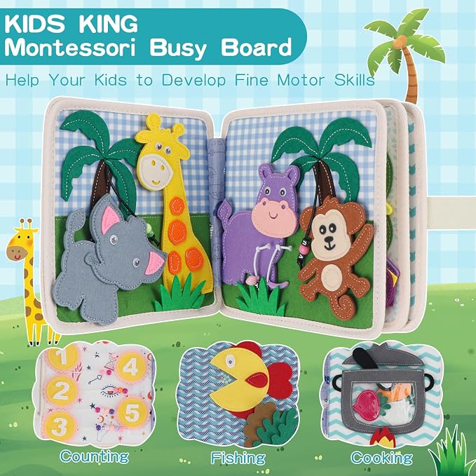 Montessori Busy Board for Toddlers, Soft Activity Book for Fine Motor Skills, Counting, Cognition, Sorting Matching, Travel Toys for Airplane Car, Gift for Girl Boy 2-4 Years Old (Lion)