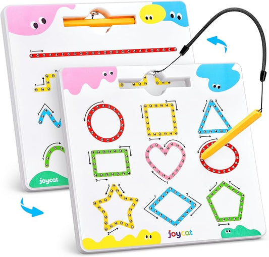 JoyCat Magnetic Shapes and Lines Tracing Board, 2-in-1 Pencil Control Toy | Double-sided fine motor toy for toddlers and kids supports preschool learning; road trip car activities and birthday gifts.