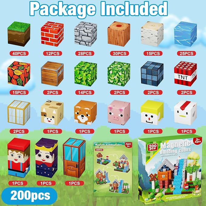 200PCS Magnetic Blocks, Magnetic Building Cube Toys for Kids, STEM Montessori Stacking, Sensory Education Toys for Toddlers Building World Set, Christmas Birthday Gifts for Kids Age 3 4 5 6 7 8 9 10