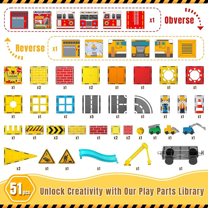 Magnetic Tiles for Kids Ages 4-8 Construction Toys with Crane Marble Run | 2 in 1 Truck Firetruck, Road, STEM Magnetic Blocks, Building Toys, Boys Birthday Gifts, Montessori, Open-ended Play