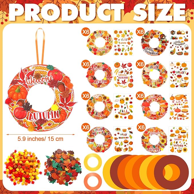 Hollowfly 48 Sets Fall Wreath Craft Kits, DIY Paper Crafts with Stickers | Thanksgiving Party Decor, Autumn Hanging Ornaments, Back to School Activities for Kids, Classroom Projects with Stickers