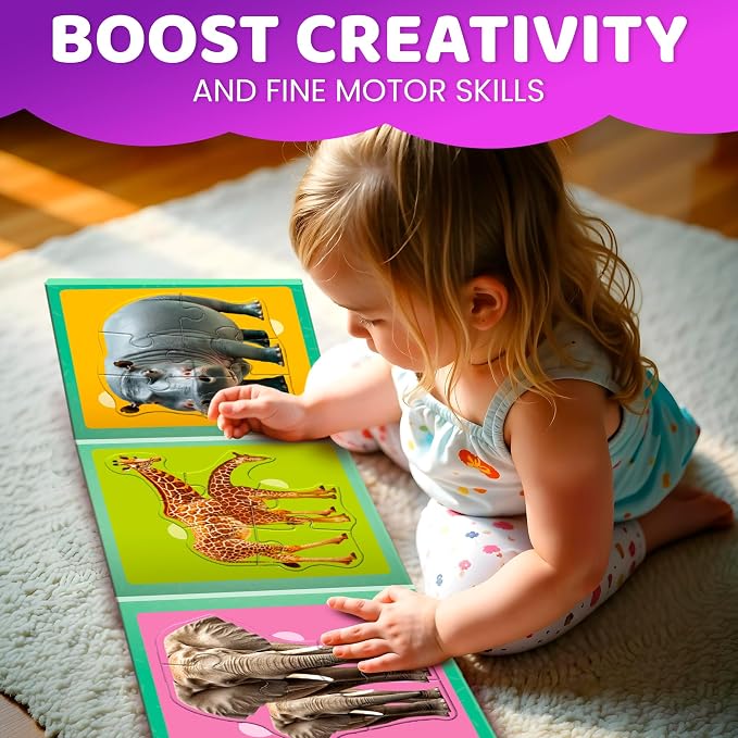 QUOKKA Step Up Magnetic Puzzles for Toddlers 1-3, Safari Animals Puzzle Set in One Book, Travel Games for Kids 3-5, Screen Free Toy for Toddlers and Preschoolers