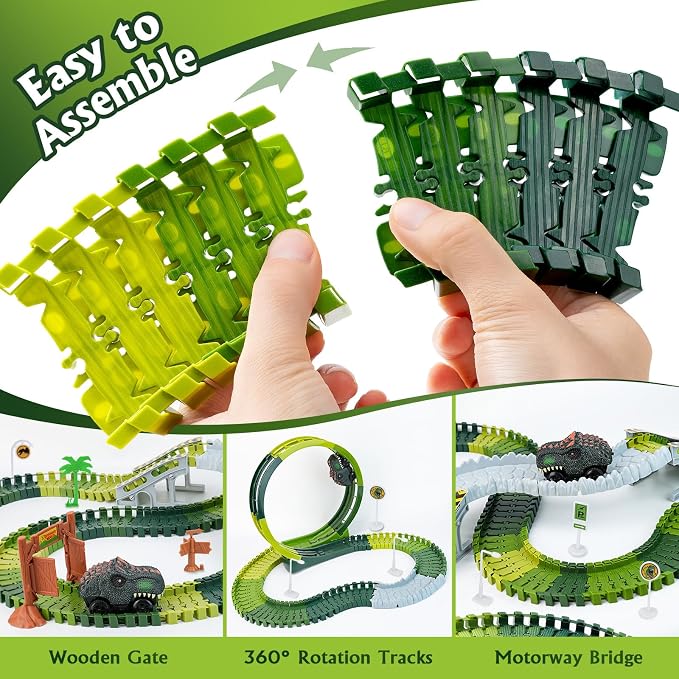 Coroiesty 173 PCS Dinosaur Race Tracks for Kids Toys with 360° Loop Ramp | Glow in The Dark Magic Toy Set, 1 Dino Car Track, 2 Realistic Dinosaurs, Flexible DIY Track Set, Gift for Boys Girls Age 3-9