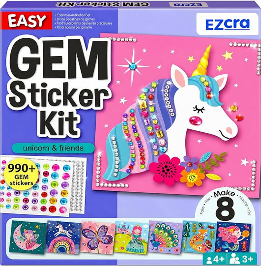 EZCRA Gem Sticker Kit for Kids - 990+ Stickers, 8 Unicorn Princess Themes | Diamond Art Stickers and Gem Craft Set. Mess-Free and DIY Arts and Crafts. Birthday and Holiday Gift for Girls Ages 3-8.