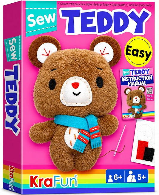 KRAFUN Teddy Bear Sewing Kit for Kids Ages 8-12 - No Scissors | Pre-cut & pre-punched felt, no glue needed. Child-safe needle. Sew your own teddy. Beginner craft gift for girls & boys