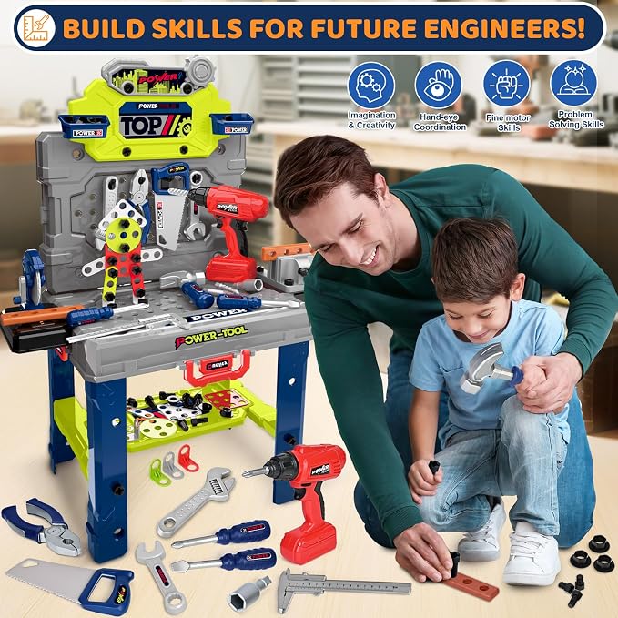 Kids Tool Bench with Electric Drill, Toddler Tool Set for Boys Ages 3-5 6-8 | 132 Pcs Kids Tool Set with Toddler Tool Box & Tool Bench, Christmas Birthday Gifts Toys for Boys Ages 3 4 5 6 7 8+ (Green)