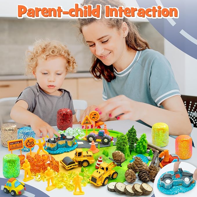 SIMPLIPLAY Construction Sensory Kit with 6 PCS 18oz Glitter Doughs | Color Dough Set & Accessories(About 80pcs), Construction Boy Sensory Kit with Toy Trucks for Kids Toddlers Creative Gift
