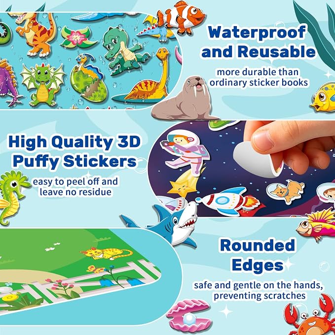 Elfew 6Pack Reusable Sticker Books for Toddlers 2-4 3-5 | 3D Puffy Stickers, 6 Themes, Waterproof, Mess-Free Sticker Activity Book, Travel Toys Birthday Gifts for Boys Girls