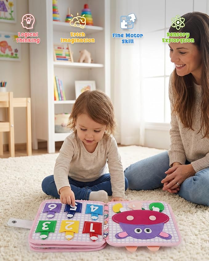 Montessori Busy Book for Toddlers, 8-Page Sensory Activity Book for Fine Motor Skills & Basic Dress Learning, Portable Travel Toy for Preschool Kids, Birthday Gift for Boys and Girls (Rabbit)