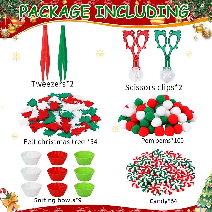 Christmas Sensory Bin,241 Pcs Christmas Sensory Bin Fillers Items | Includes Felt Xmas Tree,Plastic Candy,Pom Poms,Sorting Cups Tweezers for Xmas Activities