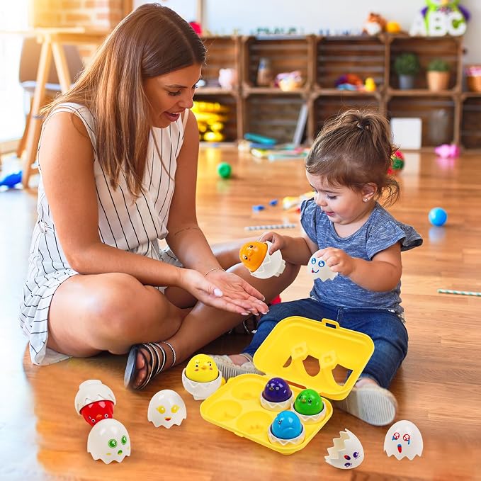 Egg Toys for Toddlers 1-3,Montessori Geometric Eggs Early Preschool Educational Learning Fine Motor Skills Color Sorting Satcking Travel Bingo Puzzle Matching Games for Kids Boys Girls