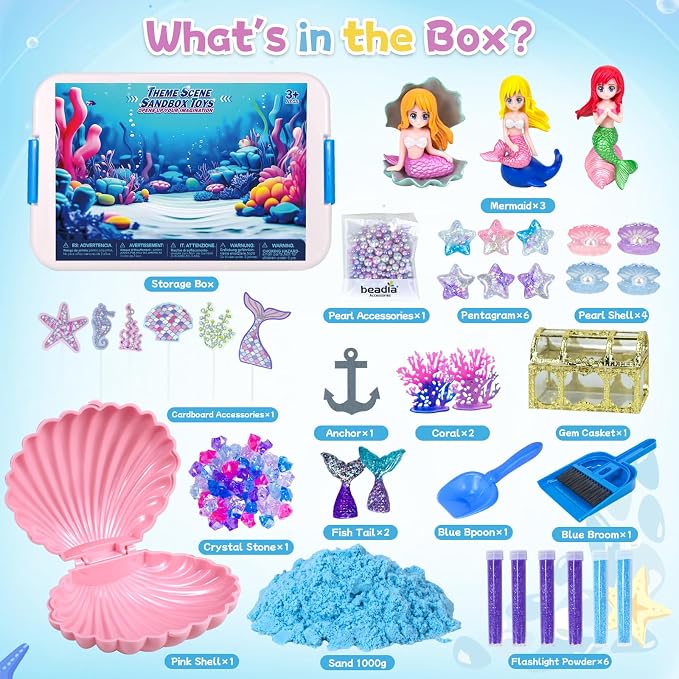 Sensory Bins for Toddlers,Sensory Sandbox Toys Play Sand Art Kit for Kids | Mermaid Play Sand Art Kit Set with Sandbox & Tools, Indoor Outdoor Beach Toys for Boys and Girls Christmas Birthday Gift