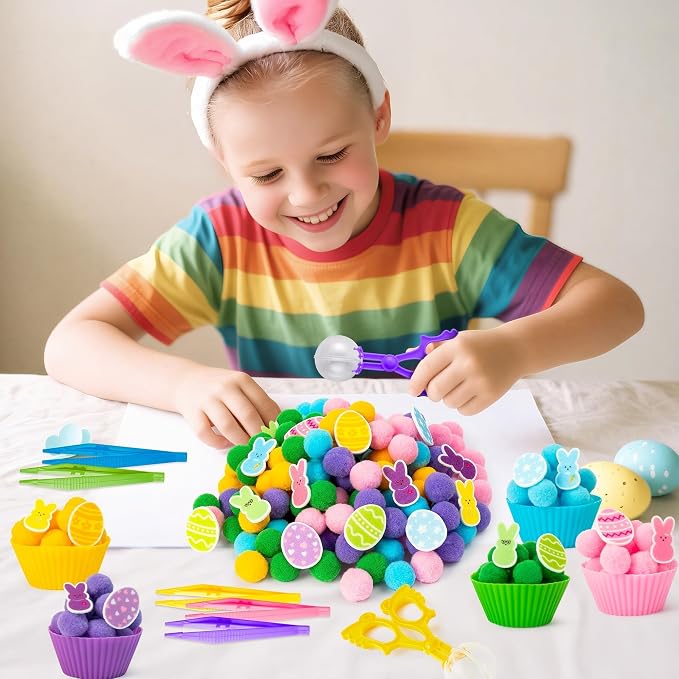 EZdhuawuse Summer Sensory Bin Fillers Toys for Kids - 268 Summer Egg Bunny Fine Motor Toys Birthday Gift, Counting Sorting Toys with Felt Egg Rabbit Pom Pom Cup Clips, Preschool Learning Activitie