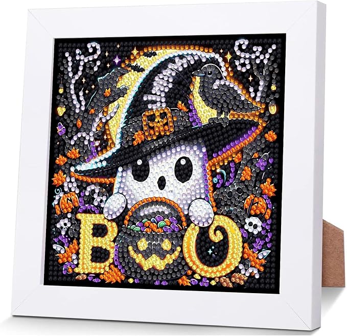 Gemozaic Halloween Diamond Art Kit for Kids Ages 6-8-12 with Frame, 7x7 in | Cute Spooky Diamond Art for Kids 10 Year Old, DIY Big Gem Arts and Crafts for Boys and Girls Birthday Gift, Home Wall Decor