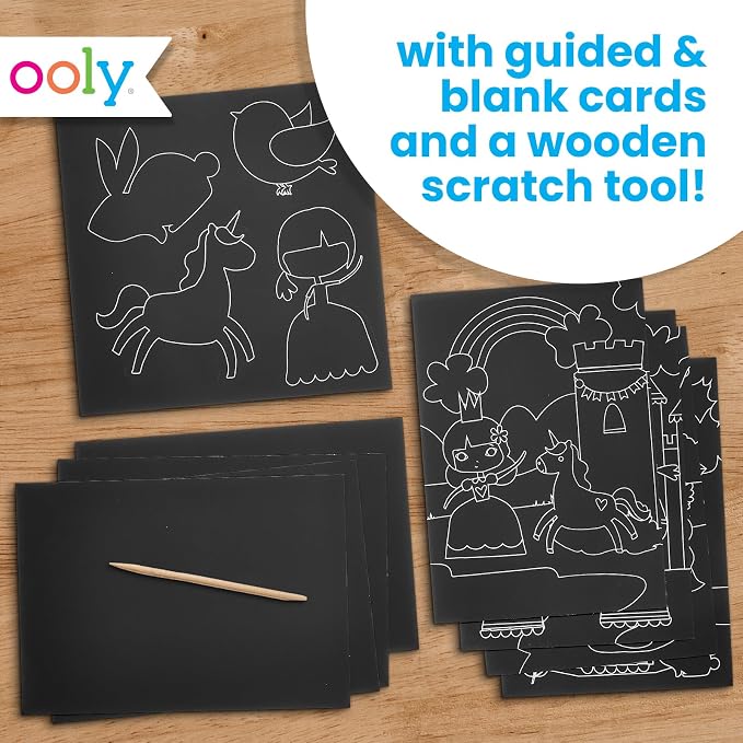 Ooly Scratch & Scribble Art Kit, 8 Cards, Sticker Sheet – Princess Garden | Ages 6+, Wooden Stylus and Stickers Included, Screen-Free Portable Car and Airplane Travel Activity, Gift for Kids