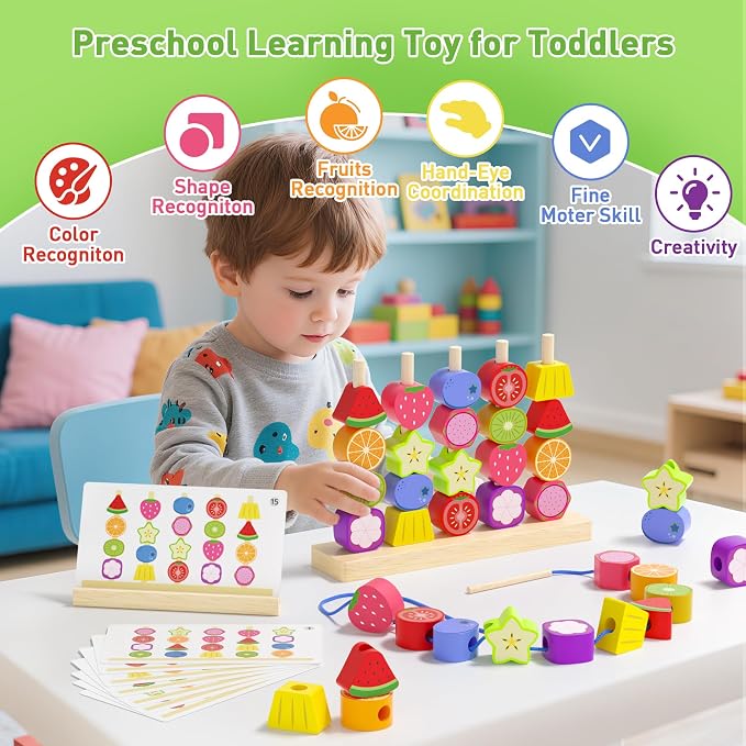 Melofaver Montessori Wooden Beads Stacking Toys, Shape Sorter for Ages 3-5 | Wooden Fruit Toddler Toys, Stacking Blocks & Lacing Beads & Shape Sorter, Preschool Learning Toys Gifts for Kids Boys Girls
