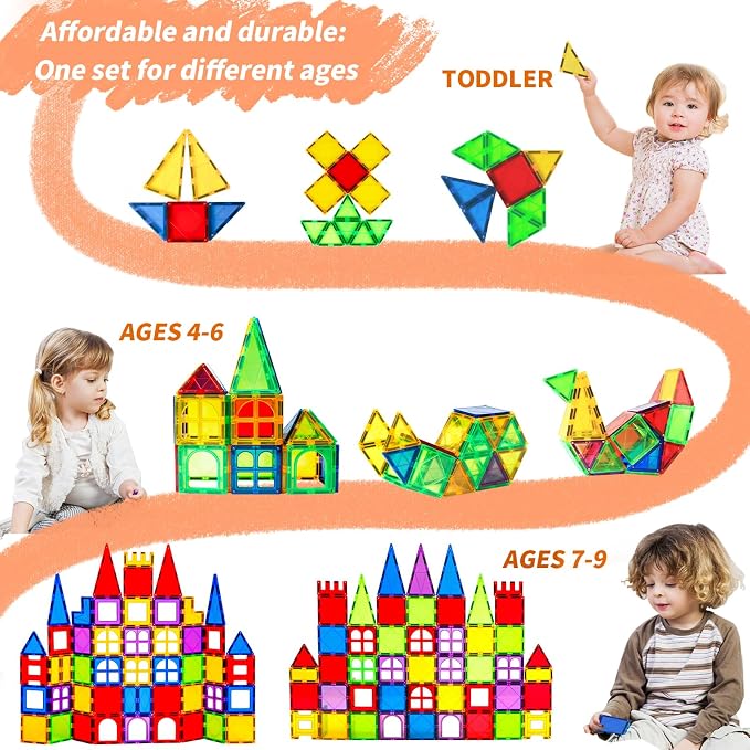 MAGBLOCK 66PCS Magnetic Tiles Building Blocks Construction Toys for Kids 3+ | Colorful Magnetic Blocks, Upgraded Magnet Tiles, STEM Montessori Sensory Toys for Learning Toys for Boys and Girls
