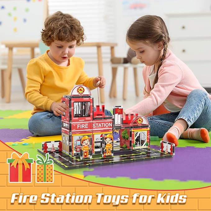 AFUNX Fire Station Magnetic Tiles Building Set for Kids Ages 3+ | Strong Magnets, Compatible with Major Magnetic Tile Brands,Rescue Pretend Play, Creative Building,Gift Ready