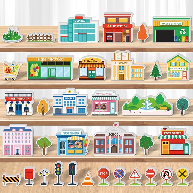 Kathfly 36 Pcs Wooden Community Helpers Buildings, Career Figures Toy | Multicultural Career Blocks for Social Emotional Learning, Creative Play Figures, Preschool Classroom Teaching Wooden Set