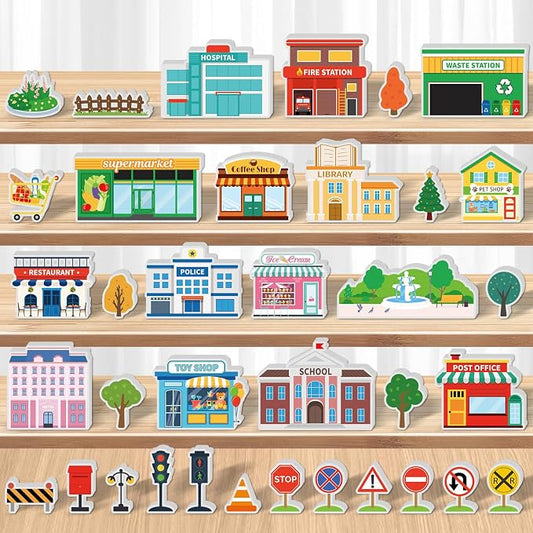 Kathfly 36 Pcs Wooden Community Helpers Buildings, Career Figures Toy | Multicultural Career Blocks for Social Emotional Learning, Creative Play Figures, Preschool Classroom Teaching Wooden Set