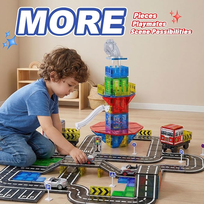 SKTMYY 150PCS Magnetic Tiles Road Set with Marble Run, Preschool Magnet Tiles Included Magnetic Cars. STEM Magnetic Tiles for Kids, Preschool Educational Building Toys for Boys & Girls