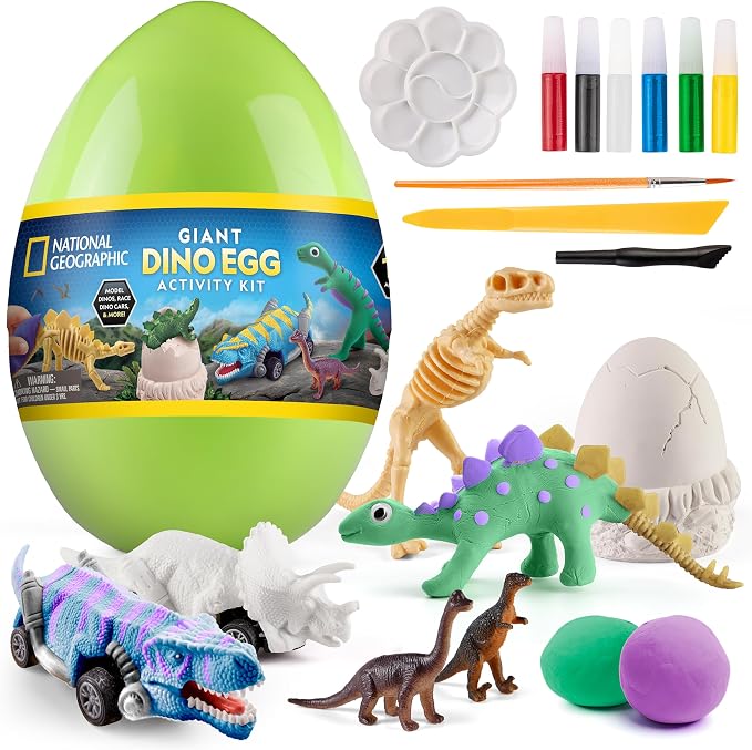 National Geographic Giant Dinosaur Egg Arts and Crafts Activity Kit | 15+ Dinosaur Crafts, Paint Cars, Clay Models, Dig Brick and Stickers, Creative Science Activities, Birthday Gift