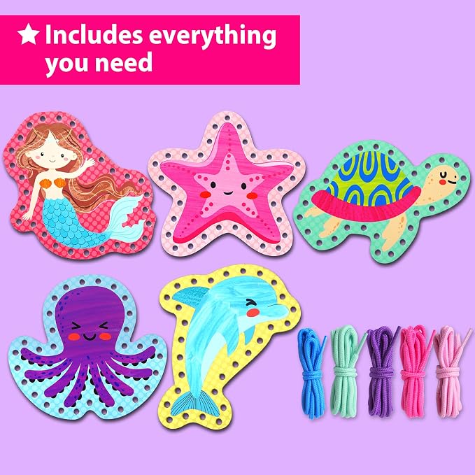 KRAFUN Mermaid Ocean Lacing Cards Age 3+ | 5 Projects | 5 mermaid ocean cards: Mermaid, Octopus, Seahorse, Fish & Starfish. Develops fine motor skills. For toddler girls & boys