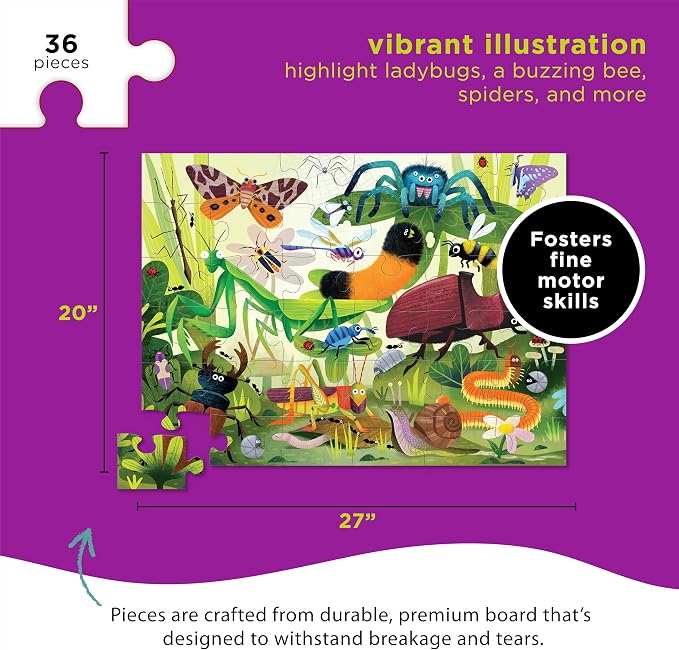 Crocodile Creek 36-Piece Jigsaw Floor Puzzle - Fun Floor Puzzles for Kids Ages 3-5 - Heavy-Duty Shaped Box for Storage - Backyard Bugs - 24" W x 18" H Finished