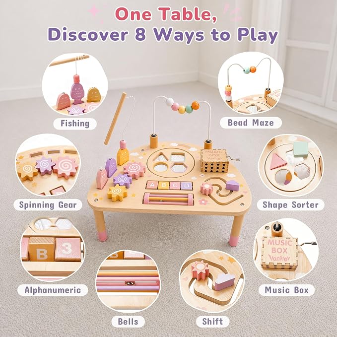 Vanplay Montessori Toys for 1 2 Year Old Girl Gift - 1st Christmas Birthday | 8 in 1 Learning Activities with Music Box/ Fishing Game, Busy Board Toys for Toddler 1-3, One Year Old Girl Birthday Gift